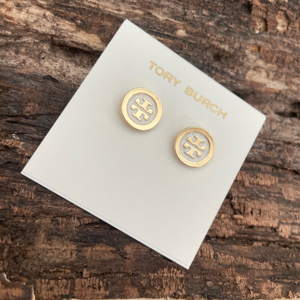 Tory Burch White and Gold Logo Earrings